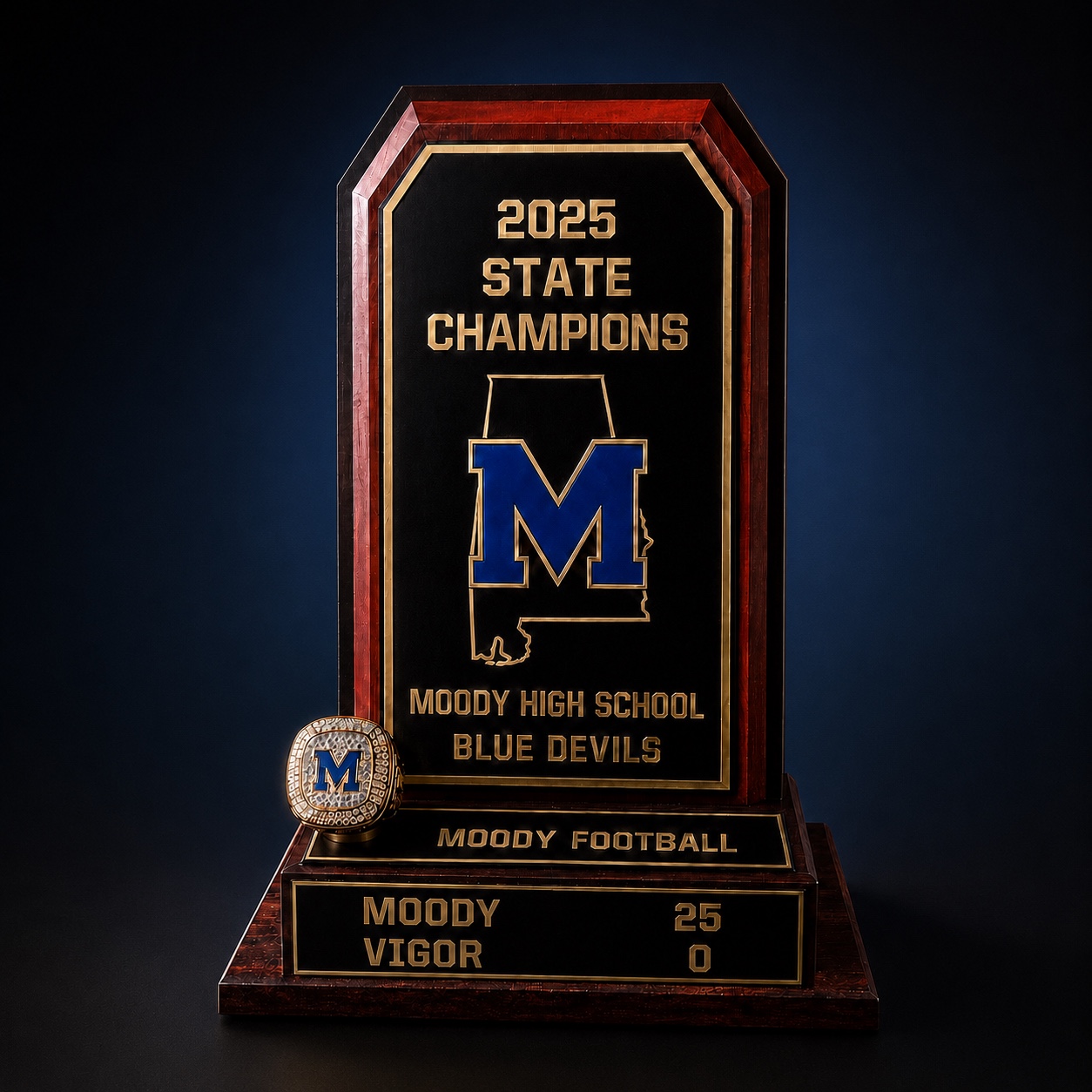 Moody High School Blue Devils championship monument with a matching ring